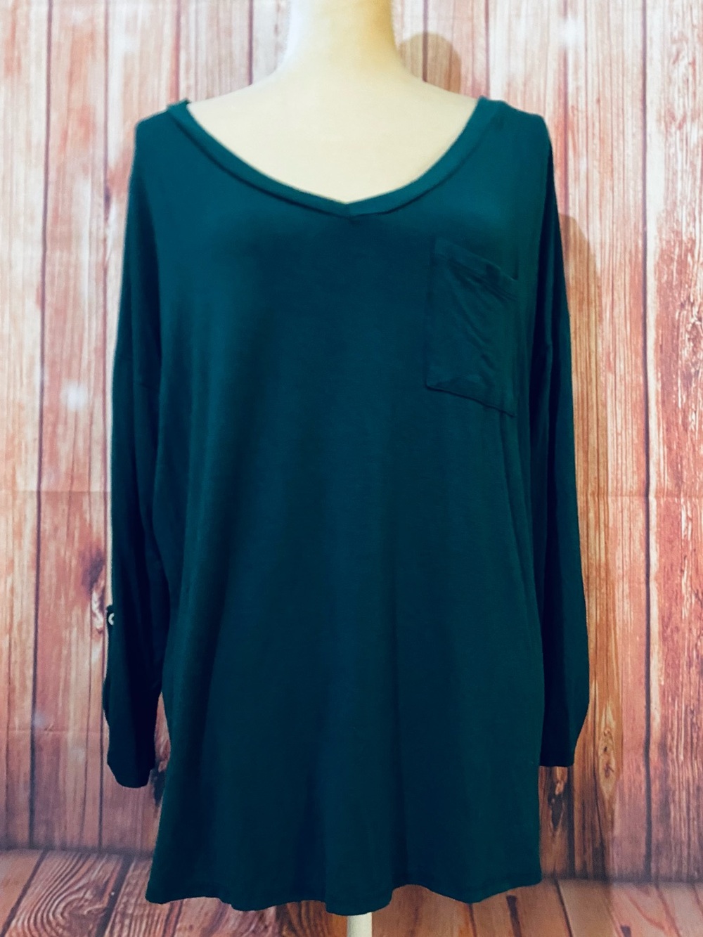 Women's Large Blouse Sew In Love Green 3/4 Sleeves Soft V Neck Stretch